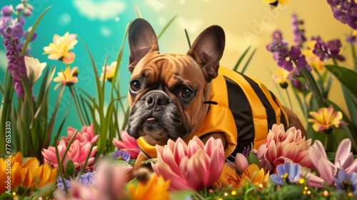 A curious French Bulldog in a bee costume peers through a vibrant floral array, a delightful nod to the pollinators celebrated on World Bee Day.