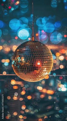 Realistic portrayal of a disco ball at a rooftop party, with city lights bokeh in the background