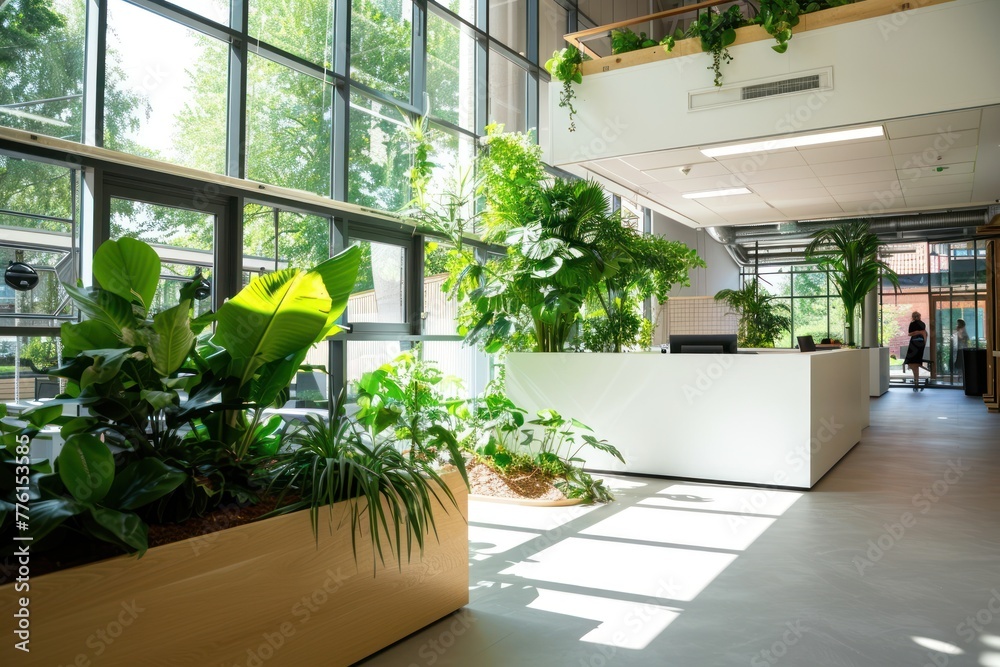 Modern open space office with large bright windows and green plants Modern open space office with large bright windows and green plants