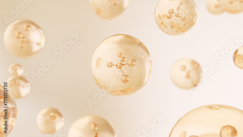 Cosmetic 3D Golden liquid bubbles form on a bright background. A molecule inside a liquid bubble. Moisturizing Cream and Serum Concept. Vitamin for Health and Beauty Concept.
