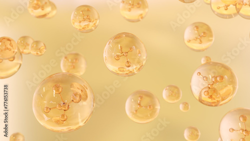 Cosmetics Serum bubbles on defocus background. Collagen bubbles Design. Molecule inside a liquid bubble. Essence Ball Molecules. 3D render