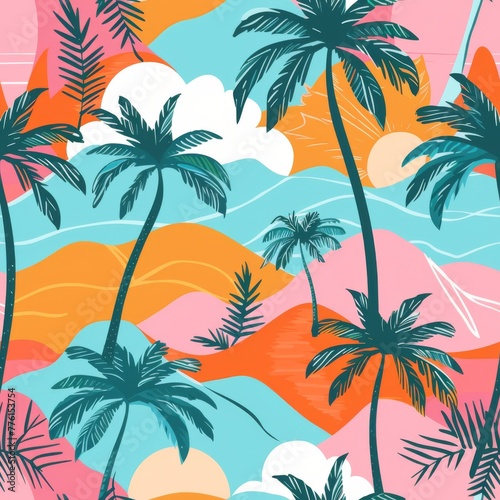 Sunset palms cast a warm glow over a pastel beachscape.