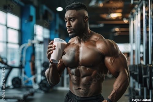 Muscular man holding protein shake in gym