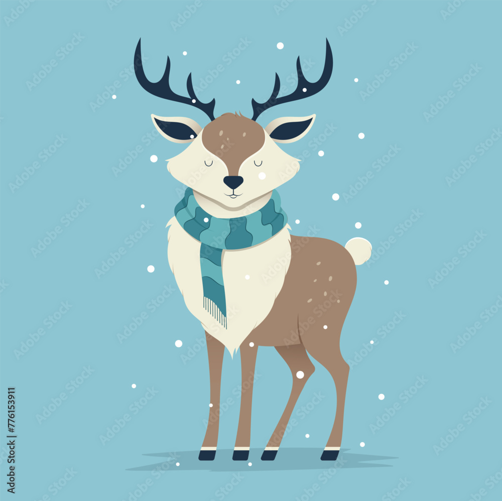 A smiling cute reindeer dressed in a striped scarf set against a gentle snowfall and a cool blue background.