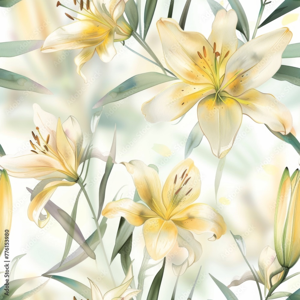 Watercolor lilies in a dreamy pastel palette form a tranquil seamless pattern, ideal for serene decor themes and soft fabric designs.