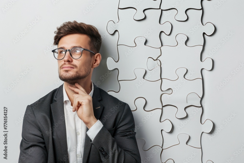 Puzzle headed thoughtful businessman portrait. Solution, decision and brainstorm concept Puzzle headed thoughtful businessman portrait. Solution, decision and brainstorm concept