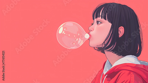 girl making balloon with bubble gum, anime style, copy space