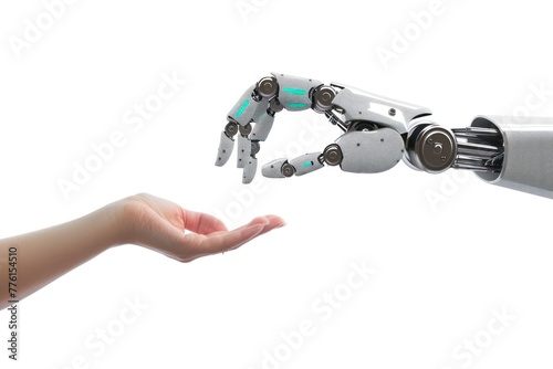 Robot hand touching human hand with finger, in connectivity and cooperation with Artificial intelligence concept