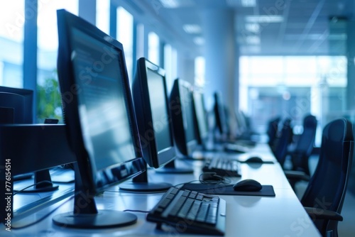 Row of computer screens in bright modern office in shallow depth of field photo