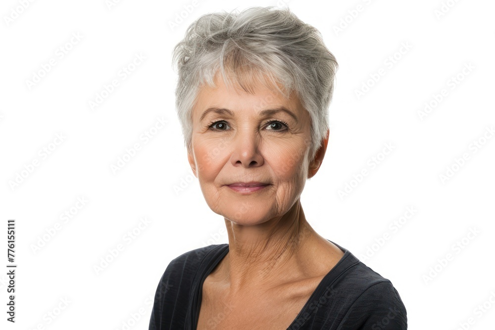 Studio portrait of senior woman with short hair Isolated on solid white background Studio portrait of senior woman with short hair Isolated on solid white background