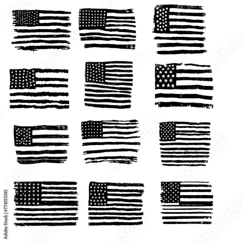 Set of eroded American flags. Shabby worn style.