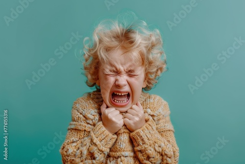 Upset crying misunderstood stressed sad senior woman toddler on studio color background