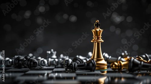 golden chess king standing on a board among fallen chess pieces on a black background