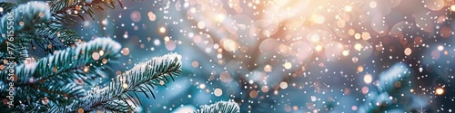 Creative Christmas Celebration Background: Snowy Pine Tree Forest with Glittering Lights