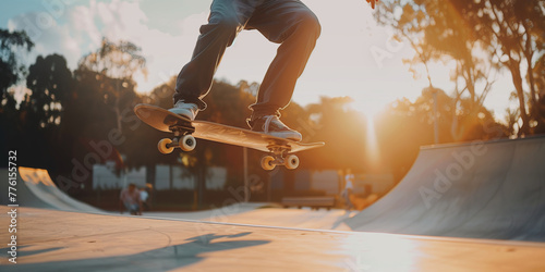 Teenage skater riding on a skateboard in urban area on sunny summer evening. photo