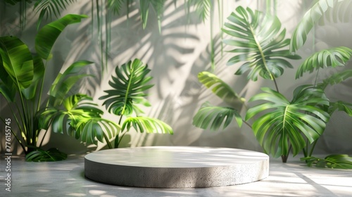 The round stone podium is set against a light architectural backdrop with marble elements and monstera leaves with natural lighting from the sun
