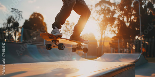 Teenage skater riding on a skateboard in urban area on sunny summer evening. photo