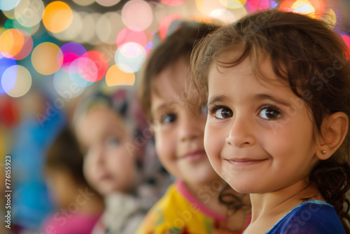 Eid al-Adha. Three toddlers, happy and smiling, sitting together for a photograph. Generative AI