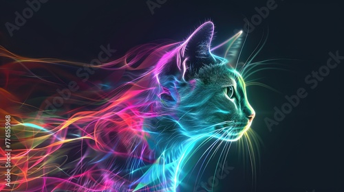 Abstract 3D Hologram Cat Illustration on a Dark Background, Showcasing Futuristic Digital Art Concepts © Julia