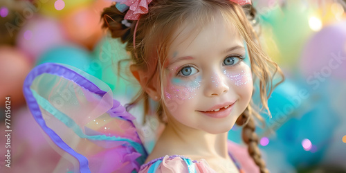 Cheerful six years old girl wearing rainbow fairy fancy dress celebrating birthday outdoors with colorful confetti and balloons. Children birthday party in a backyard.