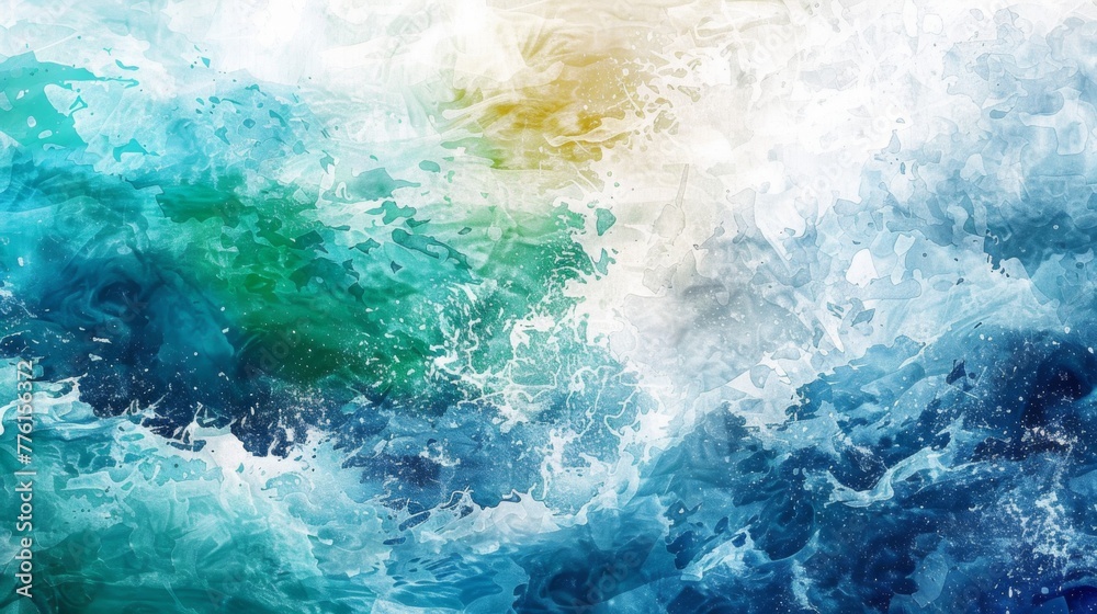 An abstract ocean comes to life in watercolor, with strokes of blue ranging from turquoise to deep navy, evoking the rhythmic dance of waves under a bright sky.