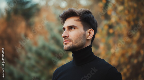 Homem vestindo uma blusa de gola alta preta ao ar livre 