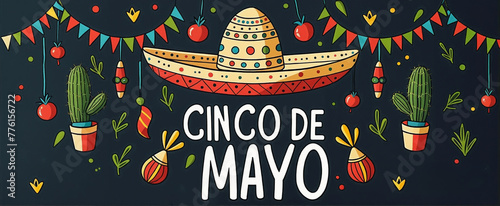 Fiesta banner for Cinco de Mayo celebration. May 5, federal holiday in Mexico. Hispanic style greeting card with sombrero, cactus, paper garland, doodle drawings on black background