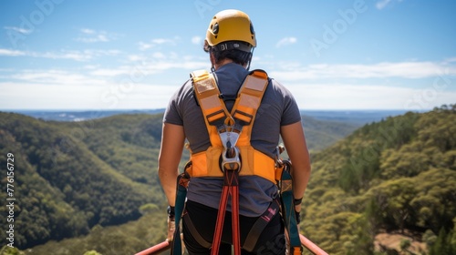 Safety harness clipping onto steel cable ensuring secure and thrilling zip line