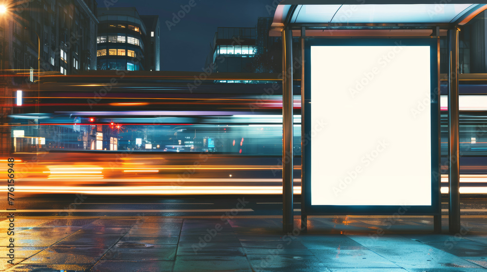 Long exposure, white vertical mockup banner on evening bus stop. Long exposure, white vertical mockup banner on evening bus stop.