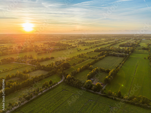 High angle view of dutch landscape against sky during sunset
