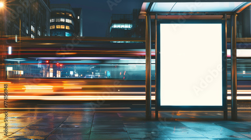 Long exposure, white vertical mockup banner on evening bus stop.