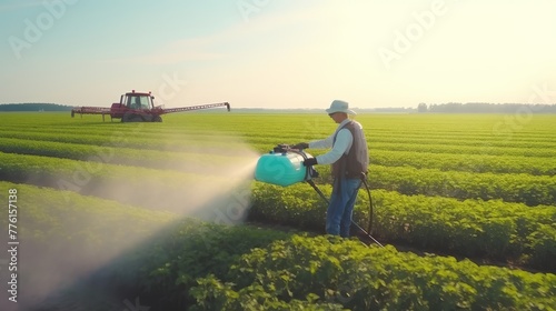 Spraying pesticides in a springtime soybean field. Concept Agricultural Pest Control