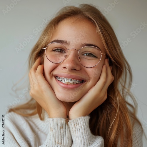 Smiling young girl with glasses and braces photo