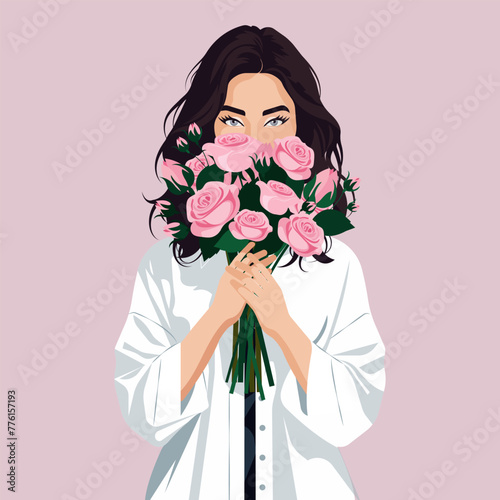 Vector flat illustration of a beautiful young woman in a white oversized shirt holding a bouquet of pink roses in front of her.

