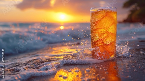 Beachside Bliss: Savoring the Refreshing Coolness of a Summer Soft Drink by the Shoreline photo
