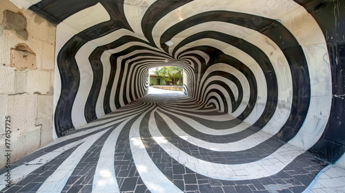 Hypnotic tunnel passage with black and white stripes photo