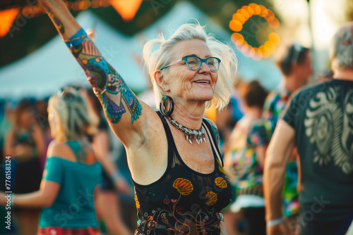 Summer Vibes: Tattooed Women Dancing at Outdoor Hard Rock Festival
