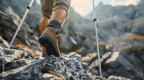 A man is hiking up a mountain with a pair of trekking poles