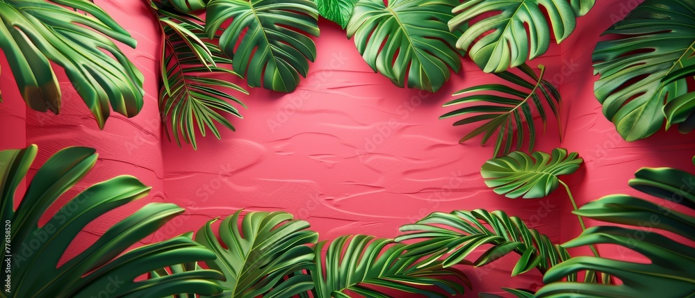   A pink background with a red wall in the middle and green leaves against it, along with a pink wall receding into the distance