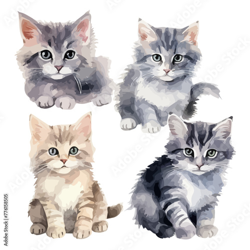 Watercolor Illustration vector of a kitty (cat), isolated on a white background, design art, clipart image, Graphic logo, drawing clipart, cat vector, Illustration painting.