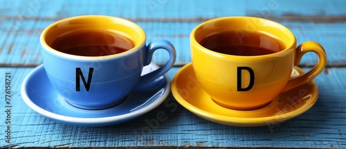   Two cups of tea atop a blue-yellow saucer, labeled N and D photo