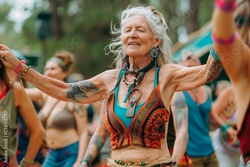 Summer Vibes: Tattooed Women Dancing at Outdoor Hard Rock Festival photo