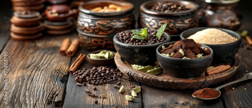   A wooden table  laden with bowls brimming with diverse spices