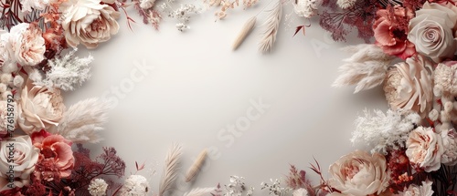   A pristine white background holds a captivating floral composition in shades of white and scarlet Feathers are artfully incorporated among the blooms Ample space allots photo