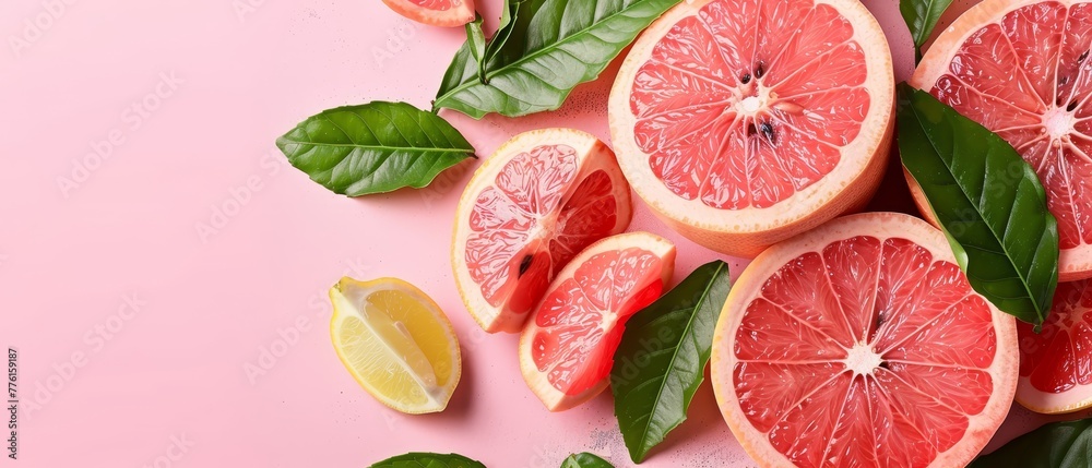 A collection of halved grapefruits on a rosy backdrop, surrounded by green grapefruit leaves and lemon wedges A collection of halved grapefruits on a rosy backdrop, surrounded by green grapefruit leaves and lemon wedges