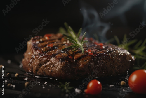 Close up shot of a grilled steak on the dark background, fancy table, hyper - realistic style, crispy, smooth texture, delicious, tasty.