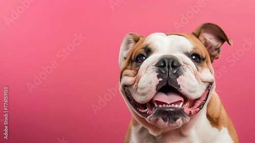a bulldog looking at the camera with a huge smile on a pink background