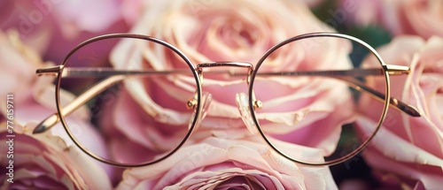  A tight shot of glasses with pink roses in the backdrop Foreground holds a bouquet of roses