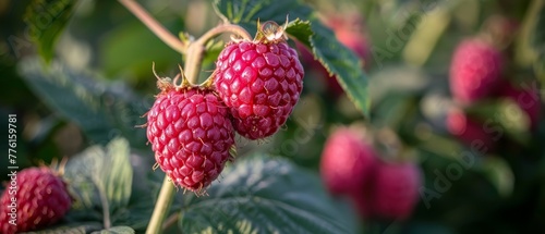   A tight shot of two raspberries on a branch, surrounded by leaves in the foreground, and a soft, indistinct background