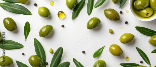  Green olives and leaves on a white tabletop A bowl of olives sits in the center